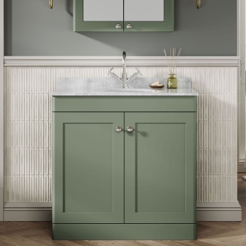 Nuie Classique Floor Standing 2-Door Vanity Unit with 1TH Grey Marble Top Basin 800mm Wide - Satin Green | Product Image