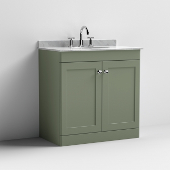 Nuie Classique Floor Standing 2-Door Vanity Unit with 3TH Grey Marble Top Basin 800mm Wide - Satin Green