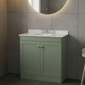 Nuie Classique Floor Standing 2-Door Vanity Unit with 3TH Grey Marble Top Basin 800mm Wide - Satin Green