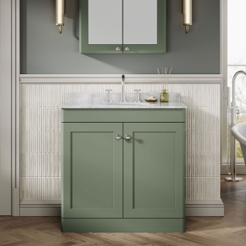 Nuie Classique Floor Standing 2-Door Vanity Unit with 3TH Grey Marble Top Basin 800mm Wide - Satin Green | Product Image