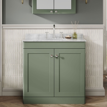 Nuie Classique Floor Standing 2-Door Vanity Unit with 3TH Grey Marble Top Basin 800mm Wide - Satin Green | Product Image
