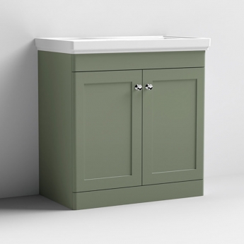 Nuie Classique Floor Standing 2-Door Vanity Unit with Classic Basin 800mm Wide Satin Green - 0 Tap Hole