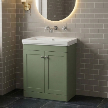 Nuie Classique Floor Standing 2-Door Vanity Unit with Classic Basin 800mm Wide Satin Green - 0 Tap Hole