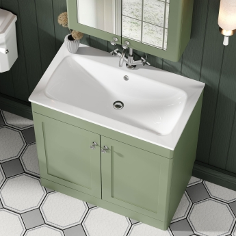 Nuie Classique Floor Standing 2-Door Vanity Unit with 1TH Stone Basin 800mm Wide - Satin Green | Product Image