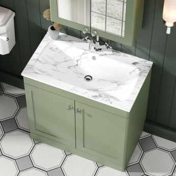 Nuie Classique Floor Standing 2-Door Vanity Unit with 1TH Stone Textured Basin 800mm Wide - Satin Green | Product Image