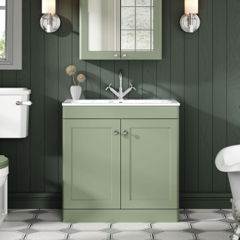 Nuie Classique Floor Standing 2-Door Vanity Unit with 1TH Stone Textured Basin 800mm Wide - Satin Green | Product Image