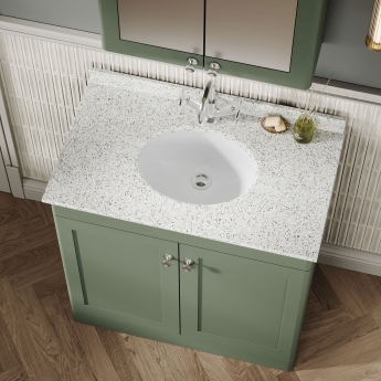 Nuie Classique Floor Standing 2-Door Vanity Unit with 1TH White Round Marble Top Basin 800mm Wide - Satin Green | Product Image
