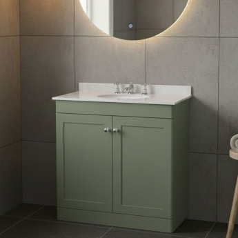 Nuie Classique Floor Standing 2-Door Vanity Unit with 3TH White Round Marble Top Basin 800mm Wide - Satin Green