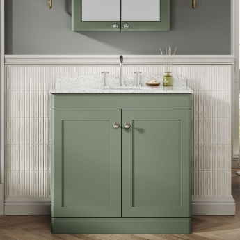 Nuie Classique Floor Standing 2-Door Vanity Unit with 3TH White Round Marble Top Basin 800mm Wide - Satin Green | Product Image