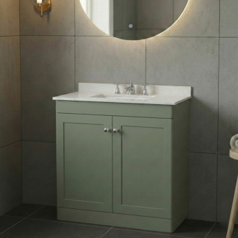 Nuie Classique Floor Standing 2-Door Vanity Unit with 1TH White Square Marble Top Basin 800mm Wide - Satin Green