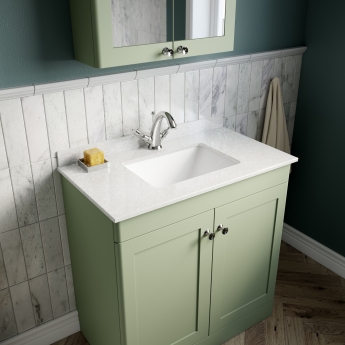 Nuie Classique Floor Standing 2-Door Vanity Unit with 1TH White Square Marble Top Basin 800mm Wide - Satin Green | Product Image