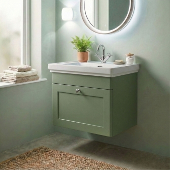 Nuie Classique Wall Hung 1-Drawer Vanity Unit with Basin 500mm Wide Satin Green - 1 Tap Hole