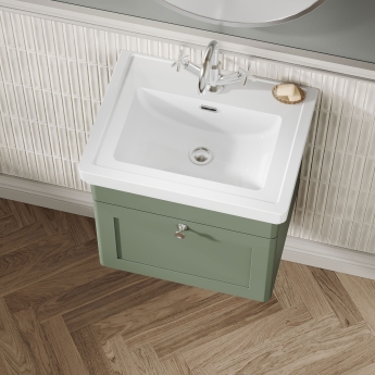 Nuie Classique Wall Hung 1-Drawer Vanity Unit with Basin 500mm Wide Satin Green - 1 Tap Hole | Product Image