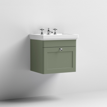 Nuie Classique Wall Hung 1-Drawer Vanity Unit with Basin 500mm Wide Satin Green - 3 Tap Hole