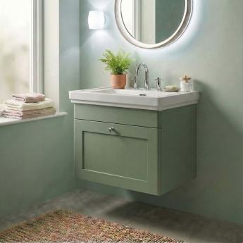 Nuie Classique Wall Hung 1-Drawer Vanity Unit with Basin 500mm Wide Satin Green - 3 Tap Hole