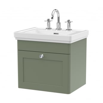 Nuie Classique Wall Hung 1-Drawer Vanity Unit with Basin 500mm Wide Satin Green - 3 Tap Hole