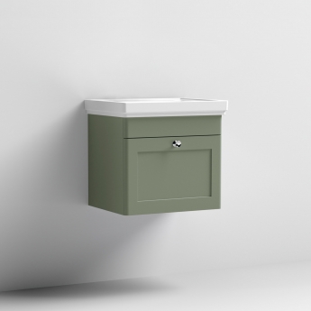 Nuie Classique Wall Hung 1-Drawer Vanity Unit with Basin 500mm Wide Satin Green - 0 Tap Hole