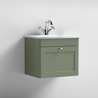 Nuie Classique Wall Hung 1-Drawer Vanity Unit with Curved Basin 500mm Wide - Satin Green
