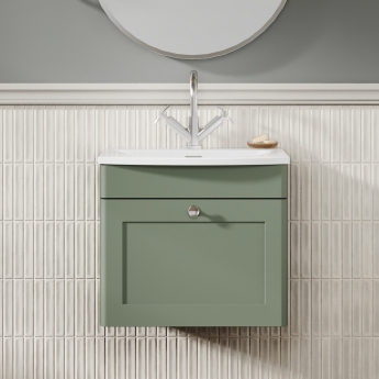 Nuie Classique Wall Hung 1-Drawer Vanity Unit with Curved Basin 500mm Wide - Satin Green
