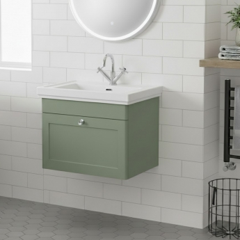 Nuie Classique Wall Hung 1-Drawer Vanity Unit with Basin 600mm Wide Satin Green - 1 Tap Hole