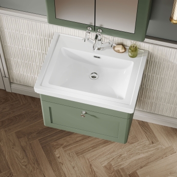 Nuie Classique Wall Hung 1-Drawer Vanity Unit with Basin 600mm Wide Satin Green - 1 Tap Hole | Product Image