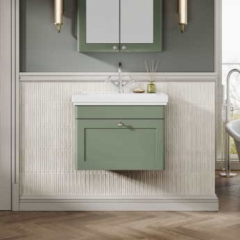 Nuie Classique Wall Hung 1-Drawer Vanity Unit with Basin 600mm Wide Satin Green - 1 Tap Hole | Product Image