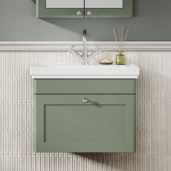 Nuie Classique Wall Hung 1-Drawer Vanity Unit with Basin 600mm Wide Satin Green - 1 Tap Hole | Product Image