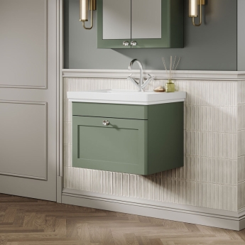 Nuie Classique Wall Hung 1-Drawer Vanity Unit with Basin 600mm Wide Satin Green - 1 Tap Hole | Product Image