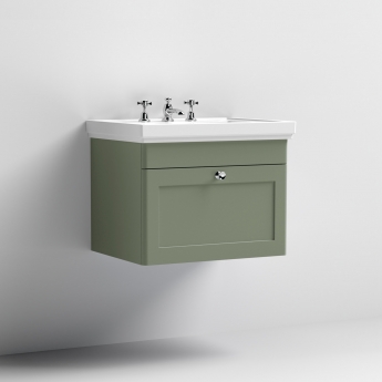 Nuie Classique Wall Hung 1-Drawer Vanity Unit with Basin 600mm Wide Satin Green - 3 Tap Hole