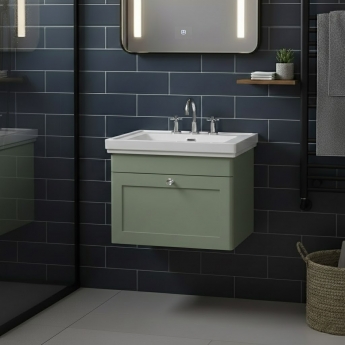 Nuie Classique Wall Hung 1-Drawer Vanity Unit with Basin 600mm Wide Satin Green - 3 Tap Hole