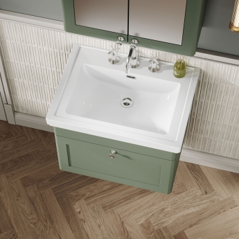 Nuie Classique Wall Hung 1-Drawer Vanity Unit with Basin 600mm Wide Satin Green - 3 Tap Hole | Product Image