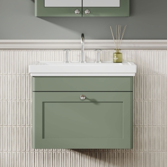 Nuie Classique Wall Hung 1-Drawer Vanity Unit with Basin 600mm Wide Satin Green - 3 Tap Hole | Product Image