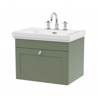 Nuie Classique Wall Hung 1-Drawer Vanity Unit with Basin 600mm Wide Satin Green - 3 Tap Hole