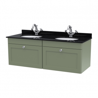 Nuie Classique Wall Hung 2-Drawer Vanity Unit with 1TH Black Marble Top Basin 1200mm Wide - Satin Green