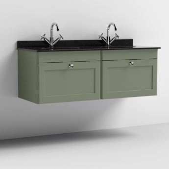 Nuie Classique Wall Hung 2-Drawer Vanity Unit with 1TH Black Marble Top Basin 1200mm Wide - Satin Green