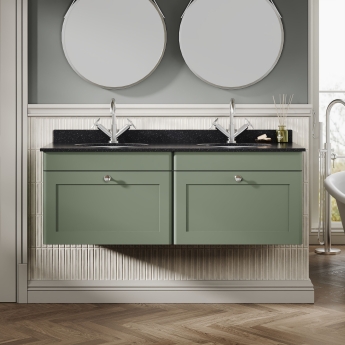 Nuie Classique Wall Hung 2-Drawer Vanity Unit with 1TH Black Marble Top Basin 1200mm Wide - Satin Green | Product Image