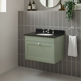 Nuie Classique Wall Hung 1-Drawer Vanity Unit with 3TH Black Marble Top Basin 600mm Wide - Satin Green