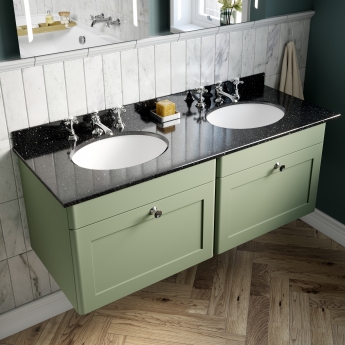 Nuie Classique Wall Hung 2-Drawer Vanity Unit with 3TH Black Marble Top Basin 1200mm Wide - Satin Green
