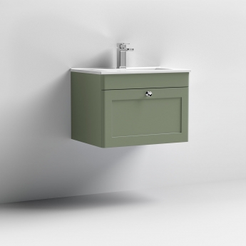 Nuie Classique Wall Hung 1-Drawer Vanity Unit with 1TH Minimalist Basin 600mm Wide - Satin Green | Product Image