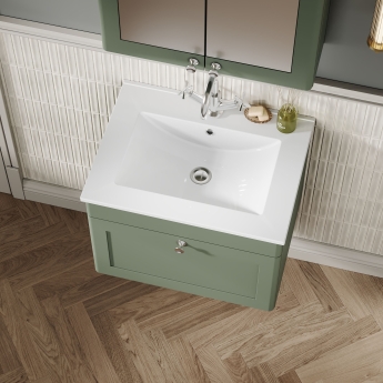Nuie Classique Wall Hung 1-Drawer Vanity Unit with 1TH Minimalist Basin 600mm Wide - Satin Green | Product Image