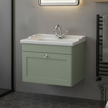 Nuie Classique Wall Hung 1-Drawer Vanity Unit with Traditional Basin 600mm Wide Satin Green - 1 Tap Hole