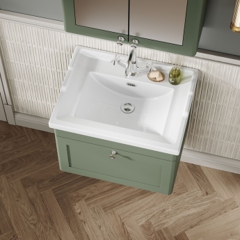 Nuie Classique Wall Hung 1-Drawer Vanity Unit with Traditional Basin 600mm Wide Satin Green - 1 Tap Hole | Product Image
