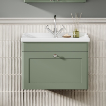 Nuie Classique Wall Hung 1-Drawer Vanity Unit with Traditional Basin 600mm Wide Satin Green - 1 Tap Hole | Product Image