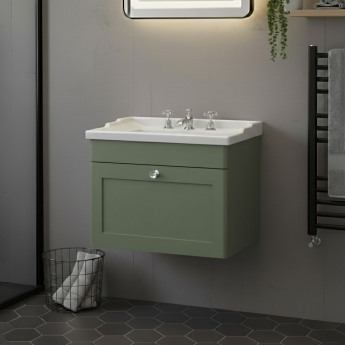 Nuie Classique Wall Hung 1-Drawer Vanity Unit with Traditional Basin 600mm Wide Satin Green - 3 Tap Hole