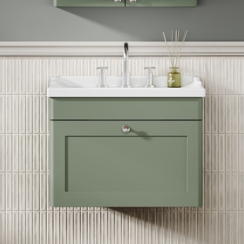Nuie Classique Wall Hung 1-Drawer Vanity Unit with Traditional Basin 600mm Wide Satin Green - 3 Tap Hole | Product Image