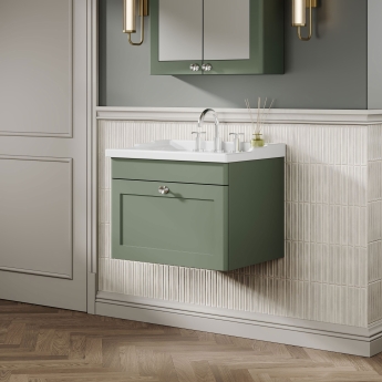 Nuie Classique Wall Hung 1-Drawer Vanity Unit with Traditional Basin 600mm Wide Satin Green - 3 Tap Hole | Product Image