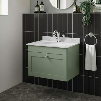 Nuie Classique Wall Hung 1-Drawer Vanity Unit with 1TH Grey Marble Top Basin 600mm Wide - Satin Green