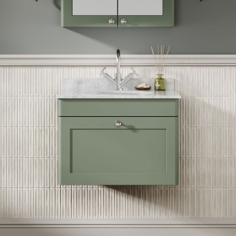 Nuie Classique Wall Hung 1-Drawer Vanity Unit with 1TH Grey Marble Top Basin 600mm Wide - Satin Green | Product Image
