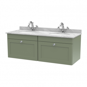 Nuie Classique Wall Hung 2-Drawer Vanity Unit with 1TH Grey Marble Top Basin 1200mm Wide - Satin Green