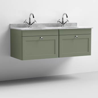 Nuie Classique Wall Hung 2-Drawer Vanity Unit with 1TH Grey Round Marble Top Basin 1200mm Wide - Satin Green